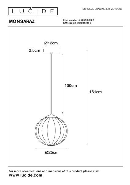 Lucide MONSARAZ - Pendant light - Ø 25 cm - 1xE27 - Amber - technical